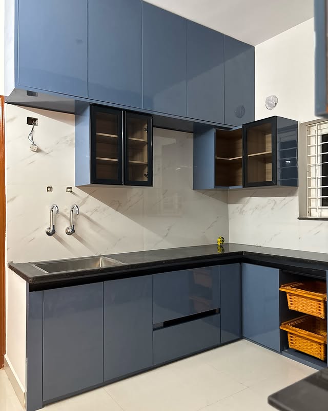 Blue Kitchen with Glass Cabinets